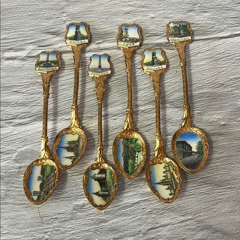 Russia Enamel Bowl & Handle Tip Gold Plated Souvenir Demitass Spoons Set of 6